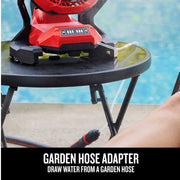 Photo of Craftsman CMCE003B graphics hose adapter setup on a black table beside a pool.