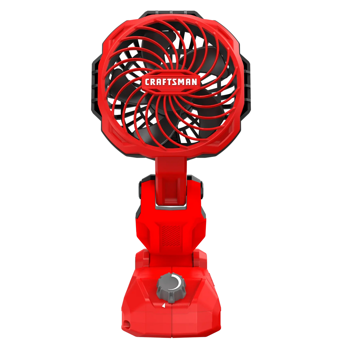 Front angle photo of Craftsman red portable fan, SKU CMCE010B, with adjustable base and black blades.
