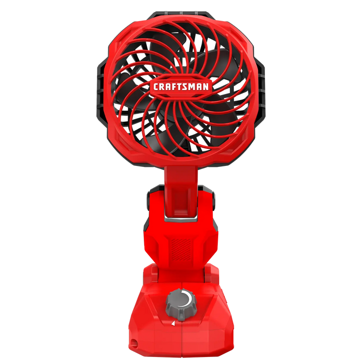 Front angle photo of Craftsman red portable fan, SKU CMCE010B, with adjustable base and black blades.
