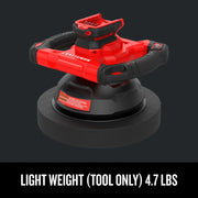 Craftsman cordless polisher CMCE100B, red and black, front angle, lightweight tool, foam pad visible.