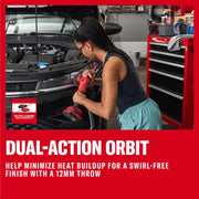 Photo of person using CRAFTSMAN CMCE130B dual-action orbital polisher on a car headlight in a garage.