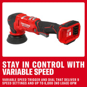 Photo of Craftsman cordless random orbit polisher CMCE130B, black and red, side angle on white background.