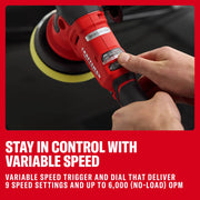 Photo of a Craftsman CMCE150B automotive polisher showing a hand adjusting variable speed dial, close-up view.