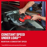 Photo of Craftsman cordless polisher CMCE150B in use on a car windshield, close-up, showing polishing action.