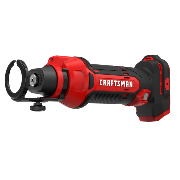 Craftsman rotary tool CMCE200B, cordless, red and black, side angle photo on white background.