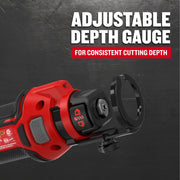 Craftsman graphics showing depth gauge feature on red tool, model CMCE200B, close-up angle.