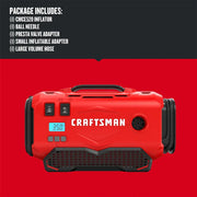Front view photo of Craftsman red portable inflator CMCE520B with digital display and accessories on red background.