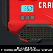Photo of Craftsman digital pressure display on inflator, model CMCE520B, showing 35.0 PSI, front angle.