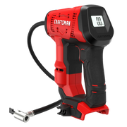 Craftsman cordless inflator CMCE521B, red and black, side angle, digital display, hose attached.