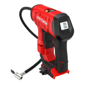 Craftsman cordless inflator CMCE521B, red and black with digital display, angled on white background.