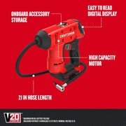 Photo of Craftsman CMCE521B cordless inflator with 21 inch hose, onboard accessory storage, digital display, and high capacity motor.