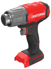 Photo of Craftsman cordless heat gun, model CMCE530B, red and black, side angle on white background.