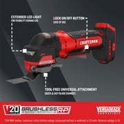 Photo of Craftsman cordless oscillating tool, red and black, model CMCE565B, side angle with LED light, blade.