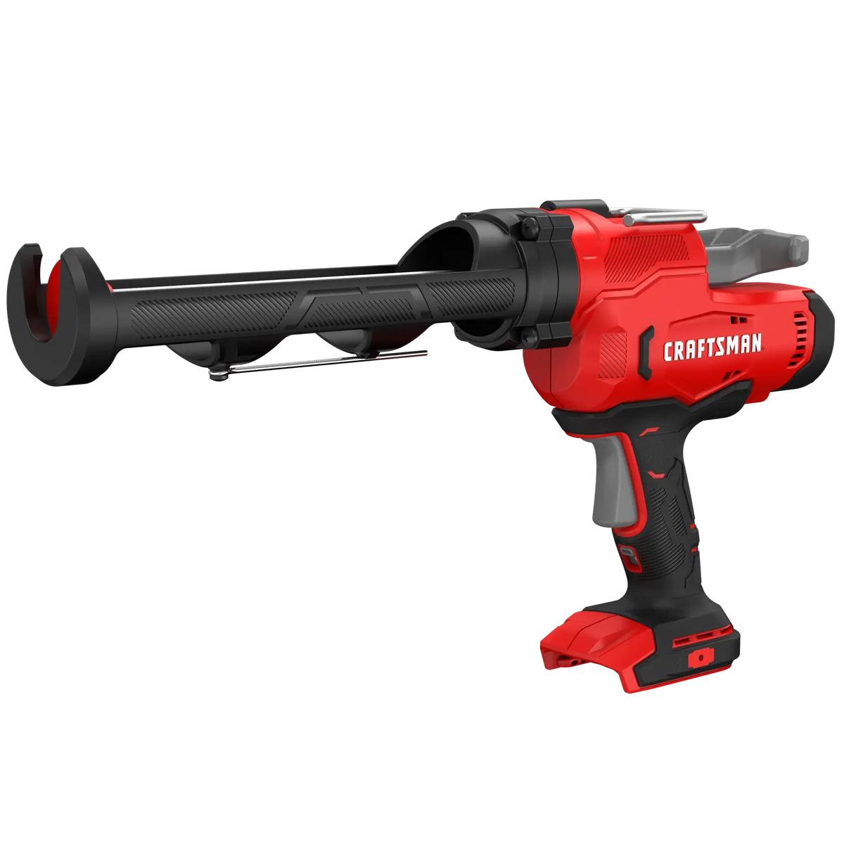 Photo of Craftsman cordless caulk gun CMCE600B, red and black tool, angled view on white background.