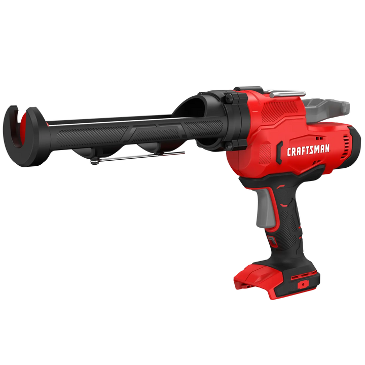Photo of Craftsman cordless caulk gun CMCE600B, red and black tool, angled view on white background.