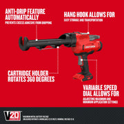 Craftsman cordless caulking gun CMCE600B, red and black, side angle, features labeled on red background.