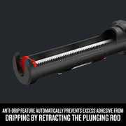 Photo of CRAFTSMAN caulk gun CMCE600B side view, showing anti-drip feature with retracting plunger rod, black and red design.