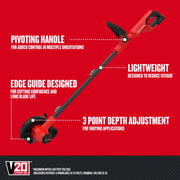 Photo of Craftsman cordless edger CMCED400B with pivoting handle and edge guide, side view on red background.