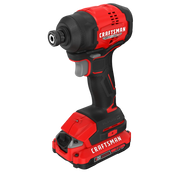 Photo of Craftsman CMCF811D1 cordless impact driver, red and black, side angle on white background.