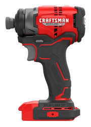 Photo of CRAFTSMAN brushless impact driver CMCF813B, side angle, red and black body with textured grip.