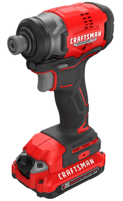 Photo of Craftsman cordless impact driver, SKU CMCF813C1, red and black, angled view on white background.
