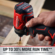 Photo of Craftsman cordless brushless impact driver CMCF813C2 in use, close-up of hand driving screw into wood.