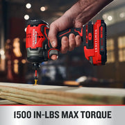 Photo of Craftsman cordless impact driver CMCF813C2 being used to drive a screw into wood, close-up in workshop.