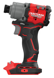 Photo of Craftsman CMCF830B cordless brushless impact driver, black and red, side angle, white background.