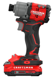Photo of Craftsman CMCF830D2 brushless cordless impact driver, red and black, side angle on white background.