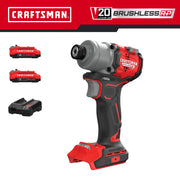 Photo of Craftsman V20 brushless cordless impact driver kit, model CMCF830D2, with two batteries and charger on white background.