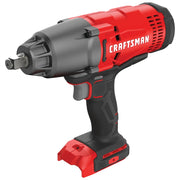 Photo of Craftsman cordless impact wrench, SKU CMCF900B, red and black, side angle, on white background.