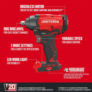 Photo of Craftsman cordless impact wrench CMCF920B with red and black body, side angle, V20 graphics, key features labeled.