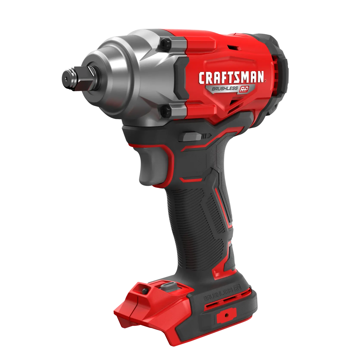 Photo of Craftsman cordless impact wrench, red and black, model CMCF921B, front angled view, white background.