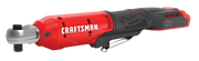 Photo of Craftsman cordless ratchet, red and black, model CMCF930B, side angle on white background.