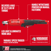 Photo of Craftsman cordless ratchet CMCF930B, side angle, red and black, V20, LED light, VersaTrack compatible.