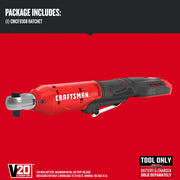 Photo of CRAFTSMAN cordless ratchet CMCF930B, red and black tool shown on white background, side angle.