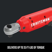 Photo of Craftsman cordless ratchet tool CMCF930B, red housing, side angle, metal head visible.
