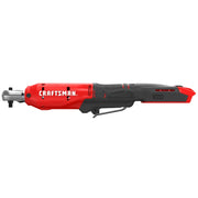 Side view of Craftsman cordless ratchet tool, red and black color, model CMCF934B, white background.