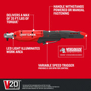 Image of a red and black Craftsman V20 cordless ratchet tool with several features highlighted. Features include maximum torque of 35 ft/lbs, handle that withstands powered or manual fastening, LED light to illuminate work area, variable speed trigger (0-300 RPM), and VersaTrack compatibility for accessory attachment. The tool is powered by a V20 lithium-ion battery.