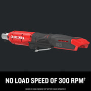 A Craftsman V20 cordless ratchet tool is shown, featuring a red and black design. The tool displays specifications stating a no load speed of 300 RPM. Text at the bottom notes this is based on using the CMCB202 V20 battery, which is sold separately.