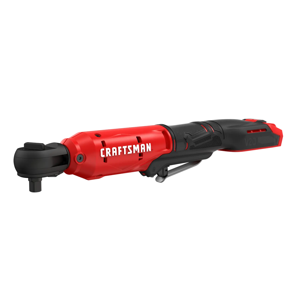 A red and black cordless ratchet wrench labeled 'CRAFTSMAN', designed for tightening and loosening nuts and bolts.