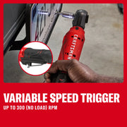 Photo of Craftsman CMCF935B cordless ratchet being used to install a license plate, close-up of variable speed trigger.