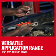 Craftsman CMCF935B cordless ratchet held near car engine, interchangeable drive adapter shown.
