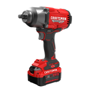 Photo of Craftsman V20 cordless impact wrench, SKU CMCF940M1, red and black, side angle, on white background.