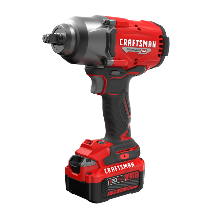 Photo of Craftsman V20 cordless impact wrench, SKU CMCF940M1, red and black, side angle, on white background.