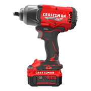 Photo of Craftsman cordless impact wrench, SKU CMCF940M1, red and black, left side view on white background.