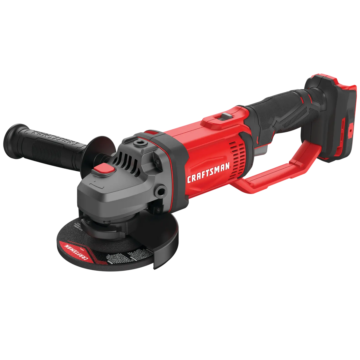 Craftsman cordless angle grinder, red and black, side view, SKU CMCG400B, power tool.
