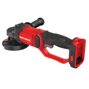 Photo of Craftsman cordless angle grinder CMCG400B, red and black, side angle on white background.