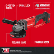 Photo of Craftsman cordless angle grinder CMCG400B with 3-position handle, spindle lock, tool-free guard, powerful motor.