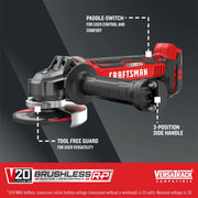 Photo of Craftsman cordless angle grinder CMCG451B with paddle switch, tool free guard, and 3-position side handle.